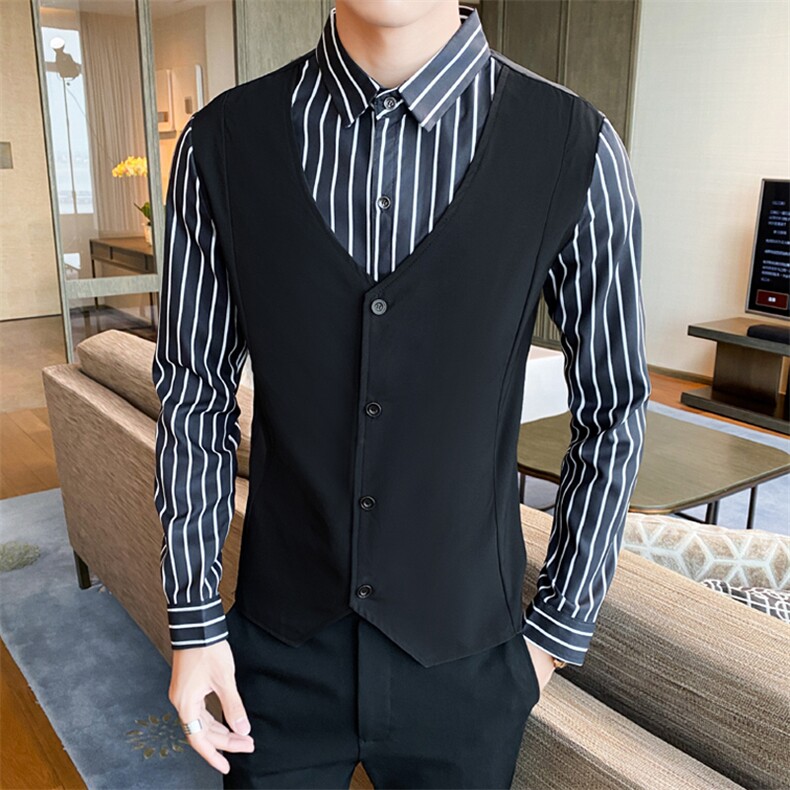 B216 CS340 P55 2025秋装新款男士长袖条纹假两件衬衫 店主风图片