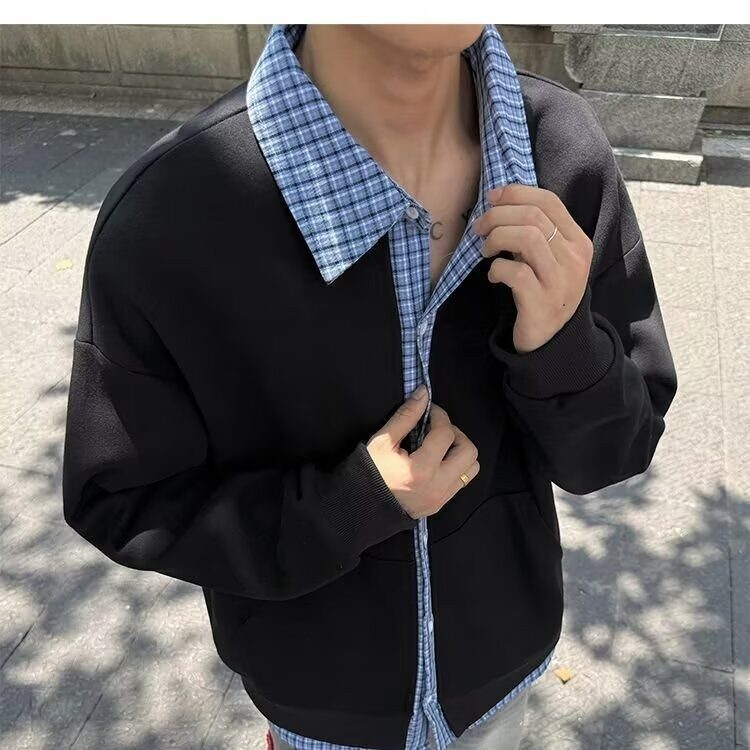 假两件格子拼接卫衣外套男女2026春秋美式潮牌学院风开衫夹克上衣,男装夹克,星座410-6（原星座1304-1）