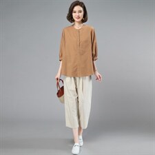 棉麻套装女夏2025新款小个子中年妈妈大码时尚洋气减龄亚麻两件套，女装套装/套裙，奕阳依阁