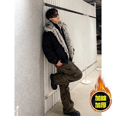 现货高品质美式高街重磅狼王座山雕毛毛领假两件棉衣加厚棉服外套，男装棉衣，电商A486