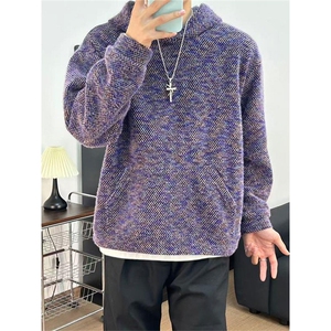 莫奈紫毛绒绒针织卫衣男款秋冬季懒惰松弛感连帽衫高级感情侣外套图片