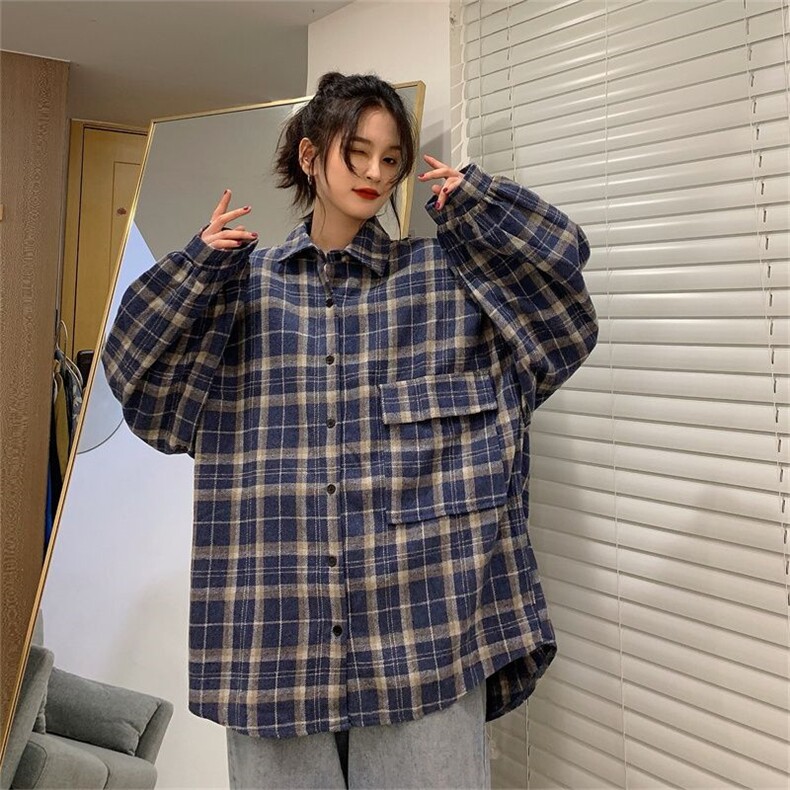 TC647-P502025早春新款磨毛加厚格子翻领长袖衬衫宽松慵懒衬衣,女装衬衫,星座617A-2