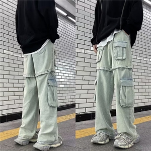高街Vibe潮牌纽扣可拆卸做旧黄泥牛仔裤小众设计感口袋长裤NK2043