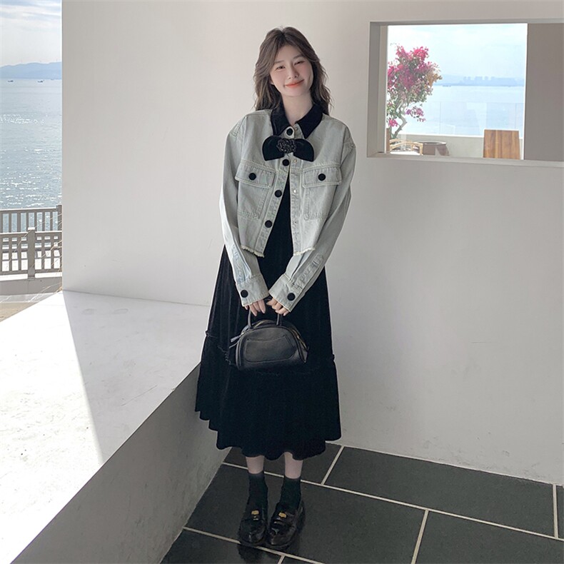 丝绒拼接蝴蝶结翻领牛仔外套女2025春秋季新款小个子显瘦别致上衣,女装连衣裙,2C198