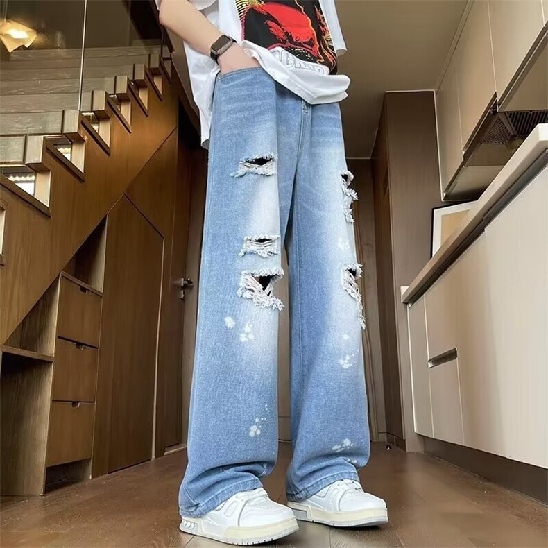 破洞毛边水洗牛仔裤男款美式高街潮牌直筒裤子夏季薄款K508N/P45,男装牛仔裤,星座506