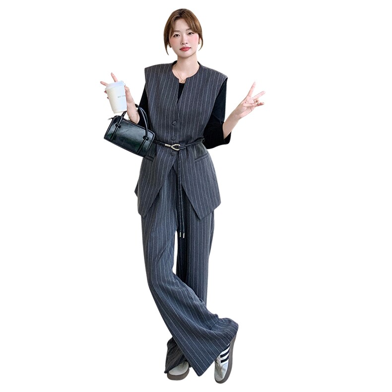 老钱风灰色条纹马甲T恤休闲裤套装女春秋季高级小众不撞款三件套,女装套装/套裙,浙宝192（原082）