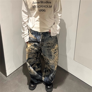 美式街头做旧牛仔裤男欧美高街vibe风裤子3D打印数码印花直筒长裤图片