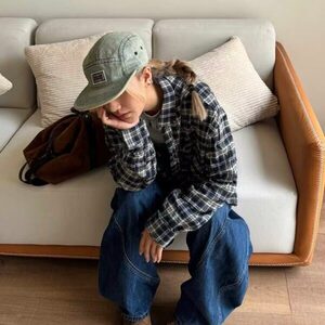 春秋季美式休闲痞帅复古小格子衬衫男长袖宽松百搭高街衬衣外套潮图片