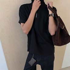 夏季美式复古拼接格子半拉链短袖t恤男女潮牌宽松休闲翻领polo衫，男装T恤，星座506A