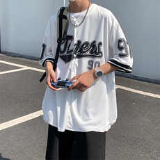 开衫印花短袖T恤男女夏季ins港风复古棒球服衬衣宽松五分半袖体恤，男装T恤，四季星座505