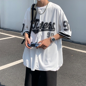 开衫印花短袖T恤男女夏季ins港风复古棒球服衬衣宽松五分半袖体恤图片