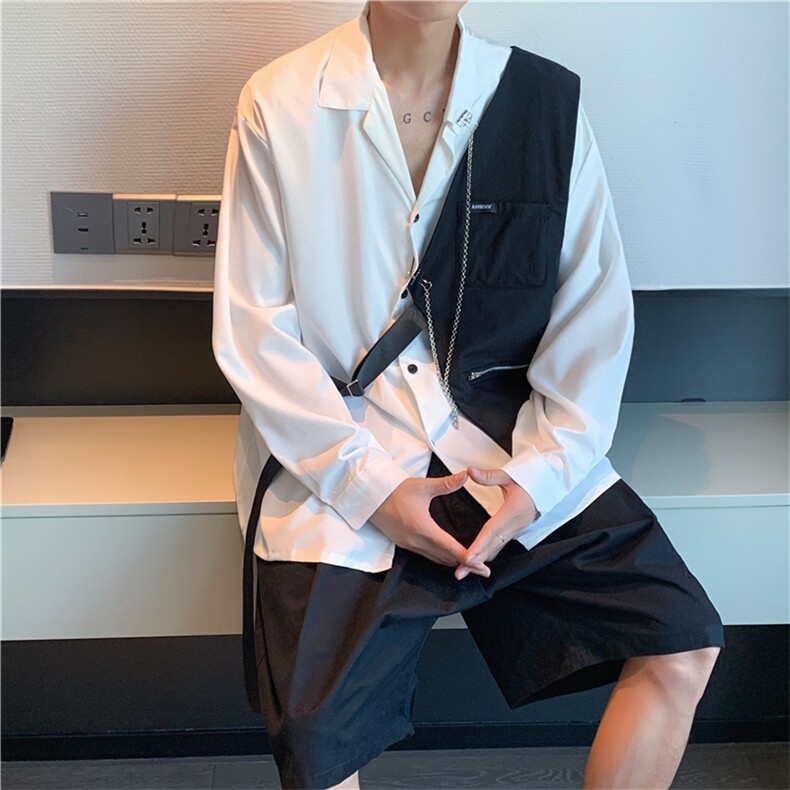 送链条拼接马甲衬衣春季高级感衬衫男设计感小众外套W1994-P46,男装衬衫,星座512-2