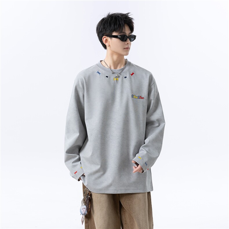 主推设计款250克秋季重磅砂洗刺绣天丝棉长袖T恤JF412-特P45控78,男装T恤,电商A422-1