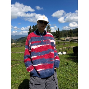条纹仿貂毛polo领针织毛衣女秋冬美式设计感宽松慵懒上衣MYH457