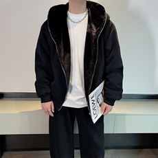 冬季休闲正反两穿毛绒连帽外套加绒弯刀阔腿长裤套装男TZ271-P225，男装休闲套装，电商B267