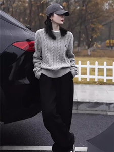 时尚百搭宽松显瘦麻花毛衣女秋冬季新款长袖针织衫慵懒风上衣图片