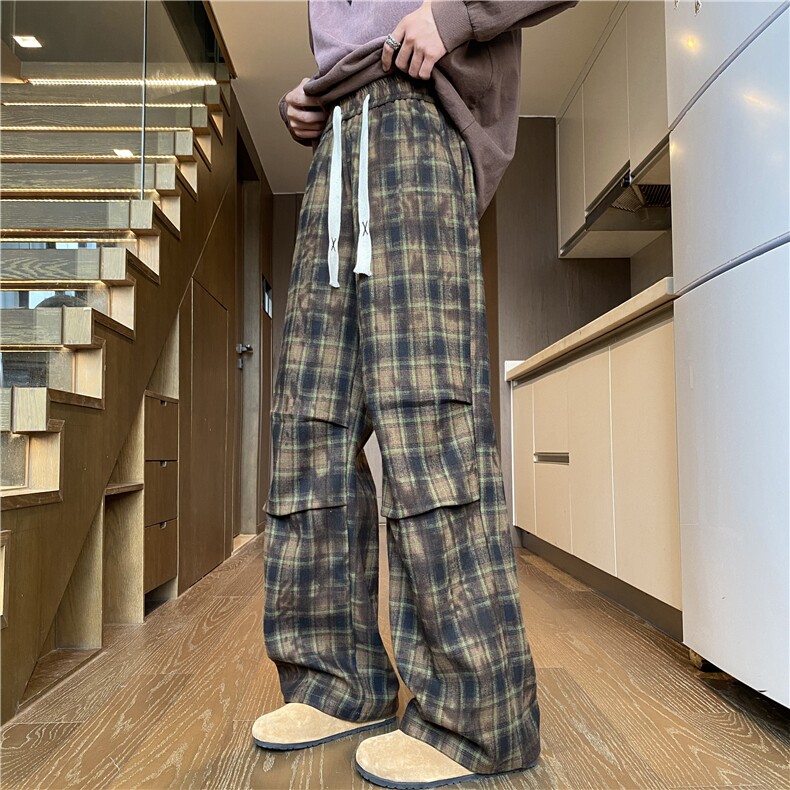抖音品质秋季新款美式复古格子宽松休闲卫裤B315-K806-特p35控68,男装休闲裤,电商B315