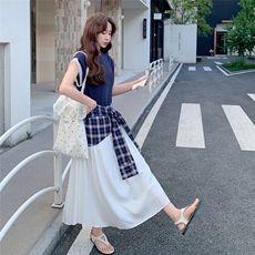 设计感撞色拼接小飞袖连衣裙女2025夏季新款韩系休闲绑带显瘦长裙，女装连衣裙，1C130