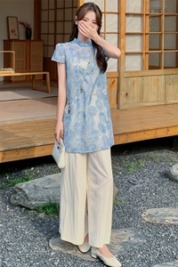 新中式g风套装女2026夏季流行复古印花盘扣旗袍上衣阔腿裤两件套图片