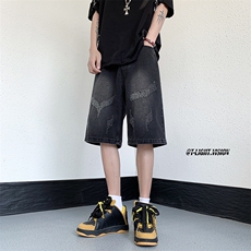 B221美式ins高街暗黑设计感直筒五分牛仔裤LK23072-P50控68，男装牛仔裤，电商B221