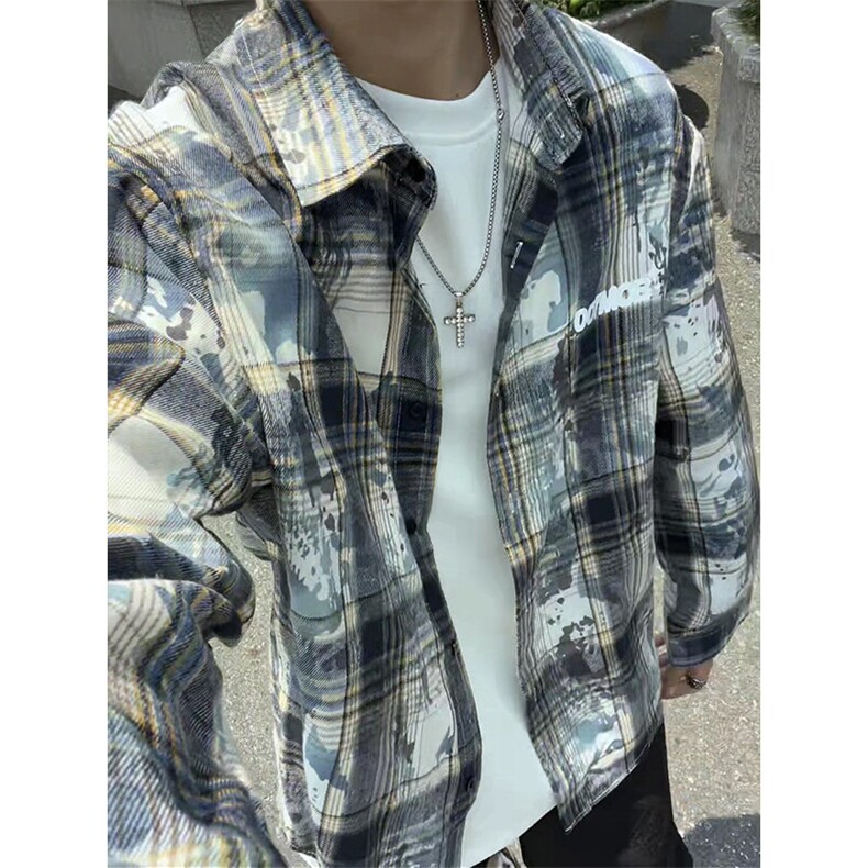 扎染格子衬衫男生春秋季中性简约风情侣潮牌宽松休闲长袖衬衣外套,男装衬衫,电商A007