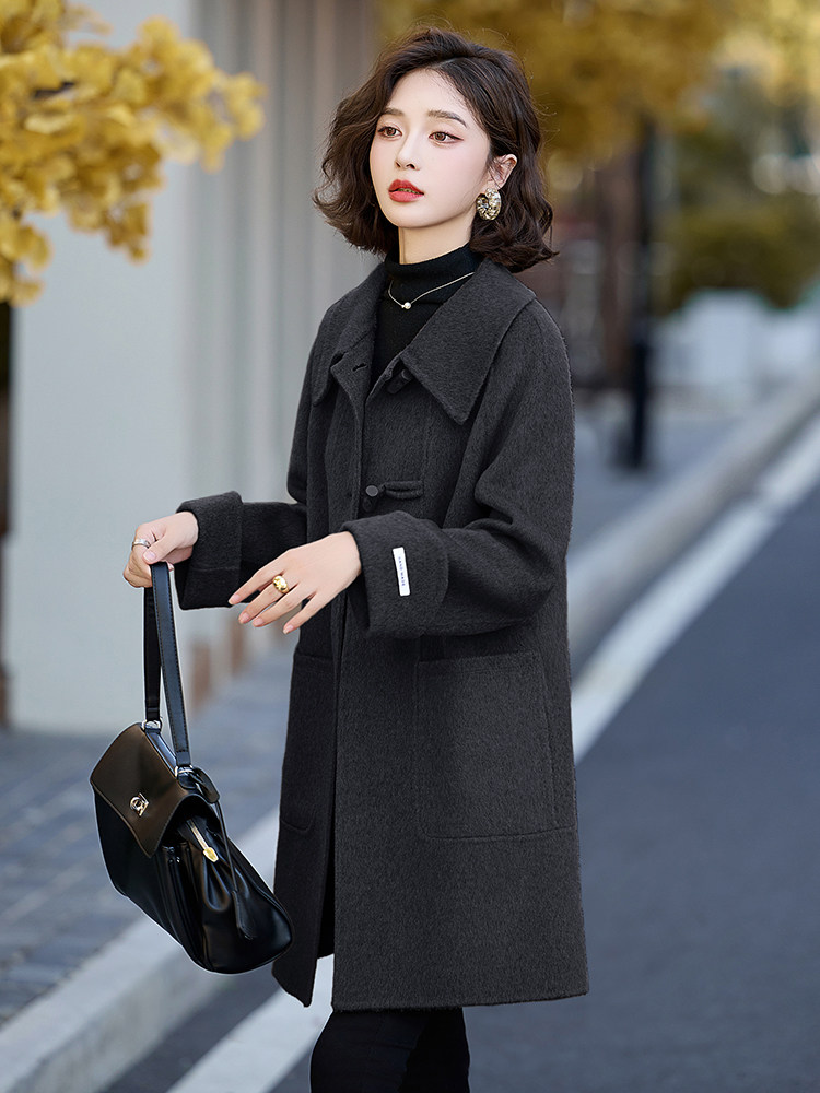 双面羊毛大衣女中长款2025冬季新款小个子高级感时尚连帽毛呢外套,女装双面呢大衣,琦鑫阁（原依鑫阁）