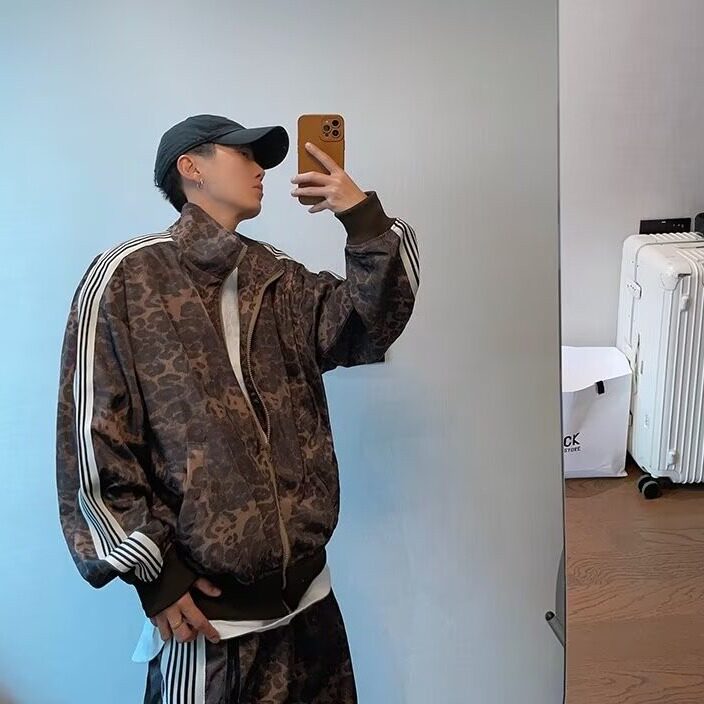 美式复古豹纹运动套装外套潮牌男印花条纹夹克运动裤JK8802,男装休闲套装,星座516A