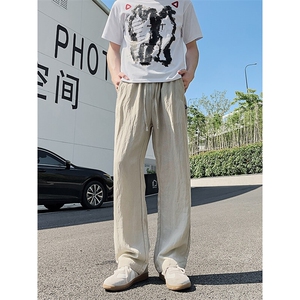 3015#-P45肌理感亚麻冰丝休闲裤男女夏季宽松速干直筒阔腿长裤图片