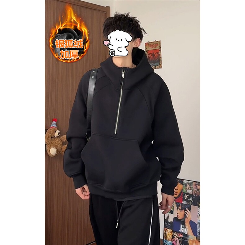 重磅450g华棉连帽半拉链加厚银狐绒卫衣男W5083J加绒-特P65控118，男装卫衣，电商A001