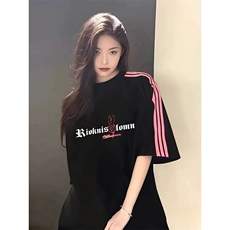 抖音得物品质二开240克宽松纯棉美式潮牌印花三条杠中性风短袖T恤，男装T恤，电商A486-1