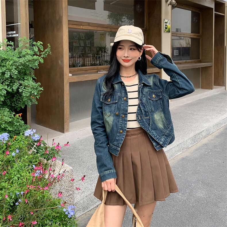 美式复古炸街设计感做旧蓝牛仔外套女2024高级百搭休闲短夹克上衣，女装短外套，MQ