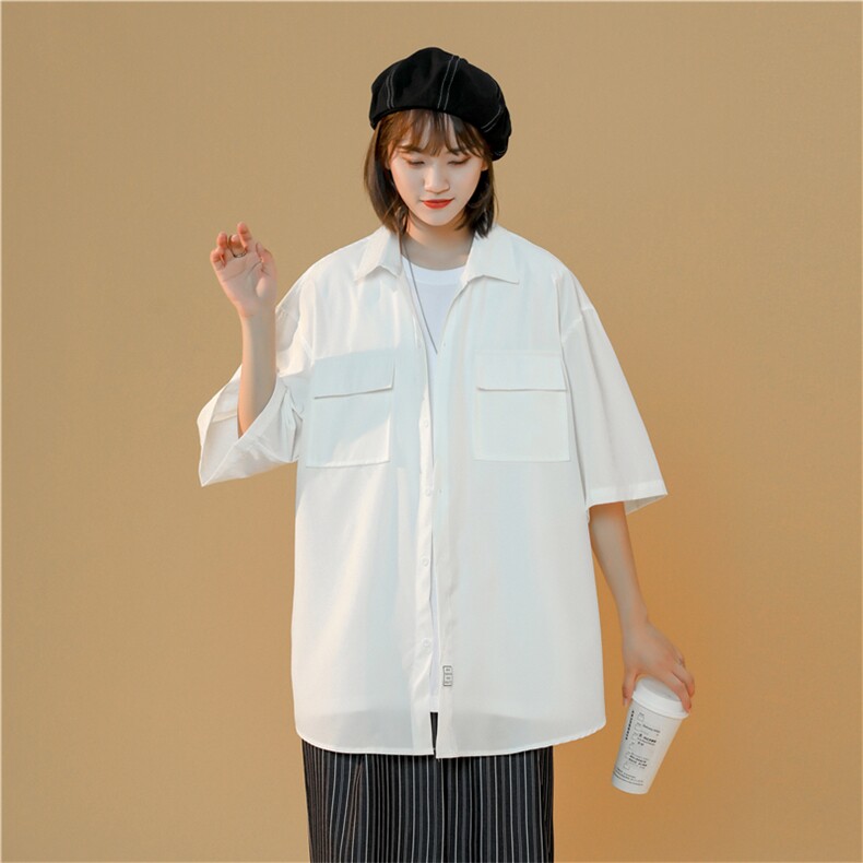 C3070/P35新款中性风冰丝工装多口袋短袖衬衣男女潮大码外套衬衫，女装衬衫，电商A141