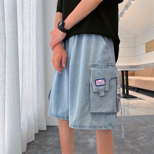 男装夏季侧边口袋工装牛仔短裤男韩版宽松潮流浅色直筒五分裤图片