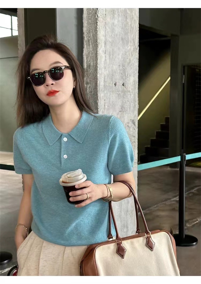 德国扬子纱细羊毛短袖女POLO衬衣领夏季薄款百搭针织T恤半袖上衣,针织衫/毛衣,千御纺羊绒