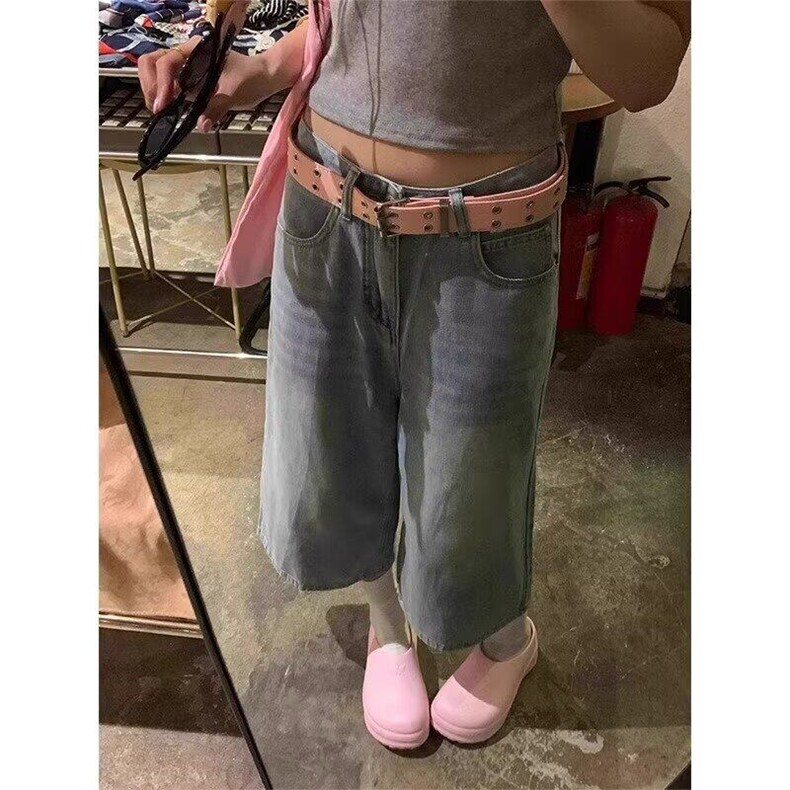 复古高街水洗牛仔裤子女夏季高腰直筒阔腿七分裤中裤-网图,男装牛仔裤,星座302B-2