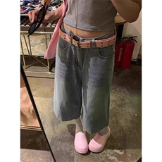 复古高街水洗牛仔裤子女夏季高腰直筒阔腿七分裤中裤-网图，男装牛仔裤，星座302B-2