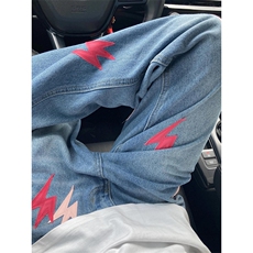 贴皮闪电刺绣水洗蓝色直筒牛仔裤男宽松轻奢长裤子N0085，男装牛仔裤，星座1116A（原606A-3）