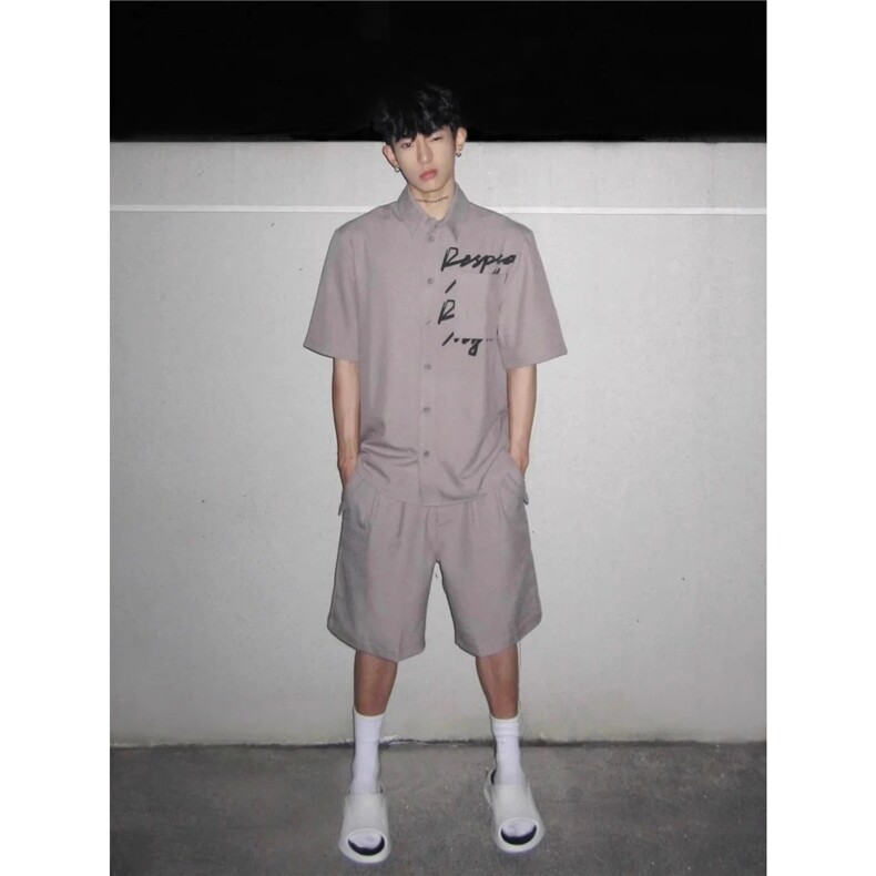夏季新款黄灰色短袖印花衬衫外套男美式高街潮牌休闲宽松半袖衬衣,男装T恤,星座506A