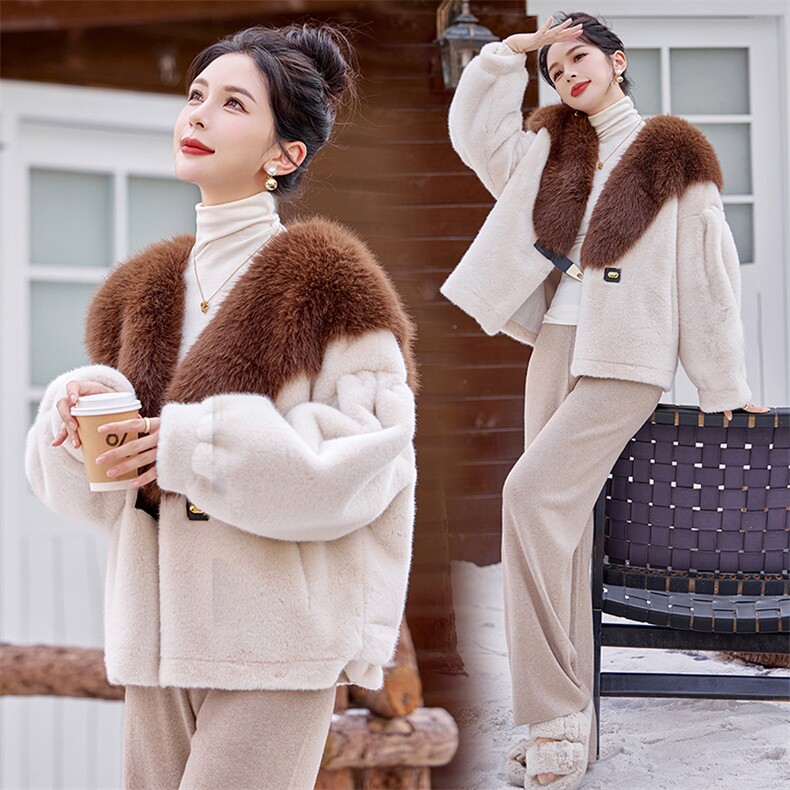 芷墨冬季新款拼接宽松毛绒皮草一体外套加厚显瘦千金大小姐风外套，女装皮草，芷墨服饰