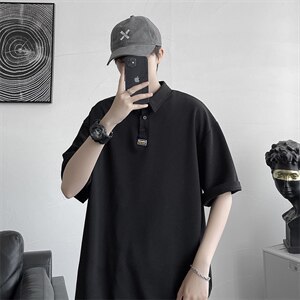 日系翻领POLO衫男士夏季薄款潮流ins有领胖子大码宽松潮牌短袖t恤图片