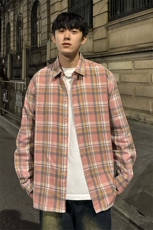 档口现货24春季粉色格子甜酷风情侣ins长袖衬衫男CS001-p55控68，男装衬衫，星座218-5