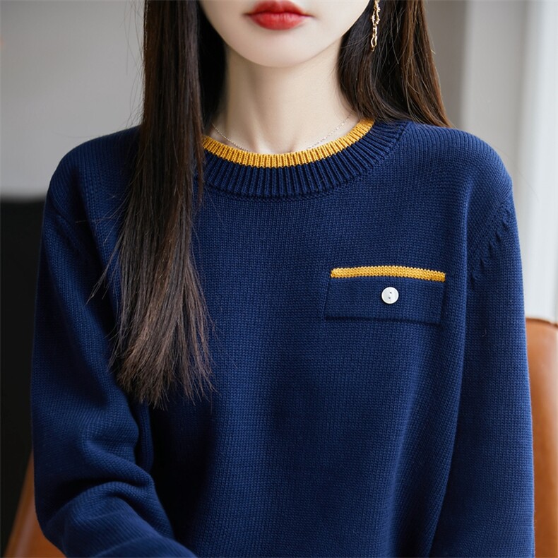 2025年秋季新款百搭女士长袖圆领拼色针织衫,针织衫/毛衣,丹芙娇羊绒