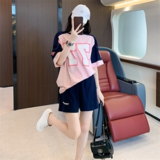 设计感字母印花短袖阔腿短裤两件套女夏季，女装套装/套裙，江南