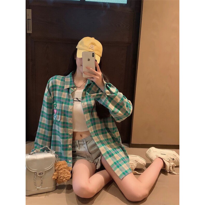 TC597-P45新款绿色格纹衬衫女慵懒风韩系防晒衬衣宽松开衫上衣,女装衬衫,星座617A-2