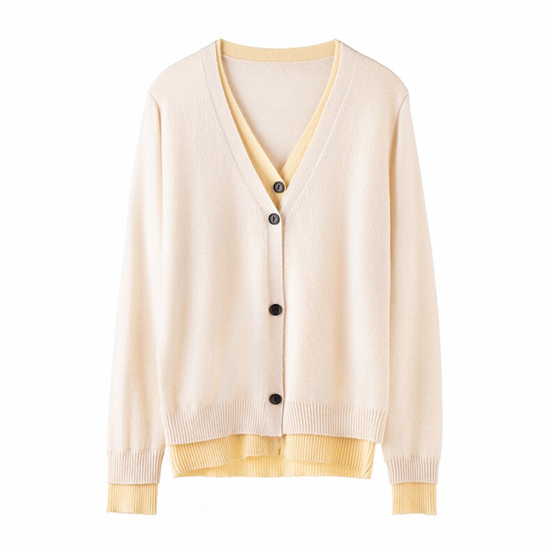 2025秋冬新款女羊绒衫100纯羊绒假两件时尚拼色羊绒开衫羊绒外套，女装羊绒衫，濮尚羊绒