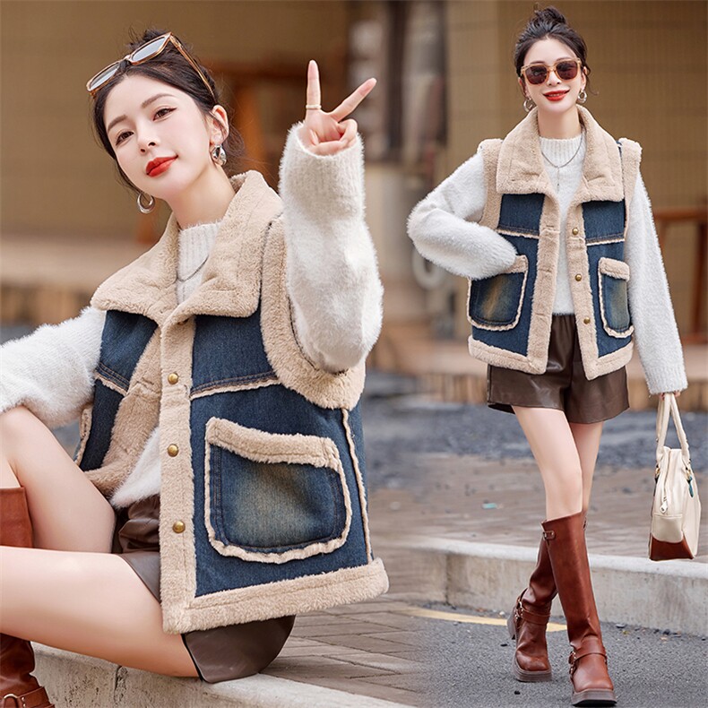 （现货）2025秋冬时尚保暖加绒一体牛仔马甲外套，女装马甲，印象茜