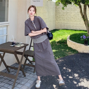通勤休闲风工装淡人套装裙女2025年夏季拉链抽绳上衣半身裙两件套图片