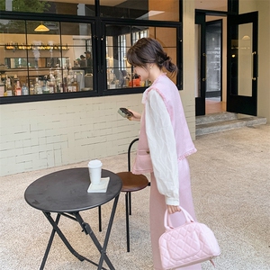 粉色小香风马甲套装裙女春秋三件套超火爆款漂亮流行气质高级感图片