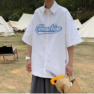 日系开衫贴标印花短袖衬衫男女夏季宽松休闲半袖衬衣垂感翻领bf风图片