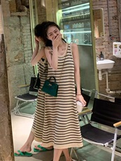 条纹针织连衣裙宽松无袖吊带裙小个子开叉打底背心裙，女装T恤，织己羊绒